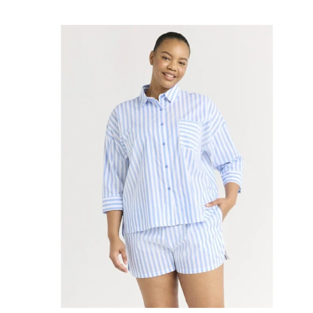 Joyspun Women’s Woven ¾ Sleeve Notch Collar Top And Boxer Shorts Pajama Set